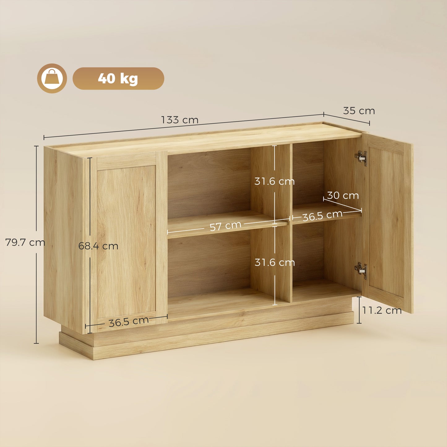 Sideboard Buffet Cabinet, 133 cm Storage Cabinet with 2 Open Shelves, 2 Cupboards and Soft Close Doors, Natural