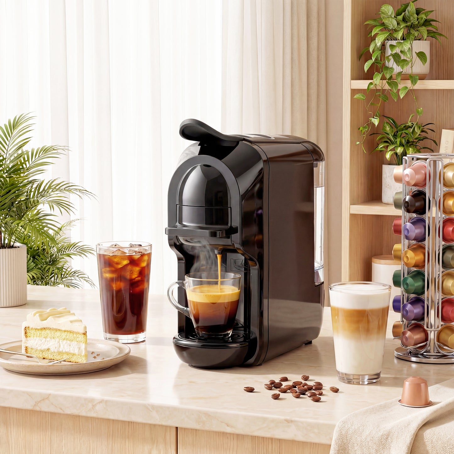 Pod Coffee Machine for Nespresso, Dolce Gusto Capsule & Ground Coffee, Small Semi Automatic Coffee Maker, 19 Bar, 0.6L