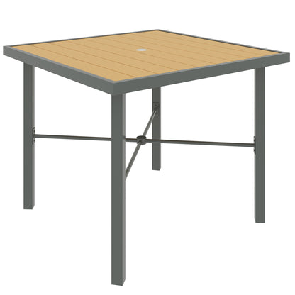Garden Table for 4, 90 cm Rectangular Outdoor Dining Table with 4.2 cm Umbrella Hole, Wood Effect Top, Rust Resistant Frame