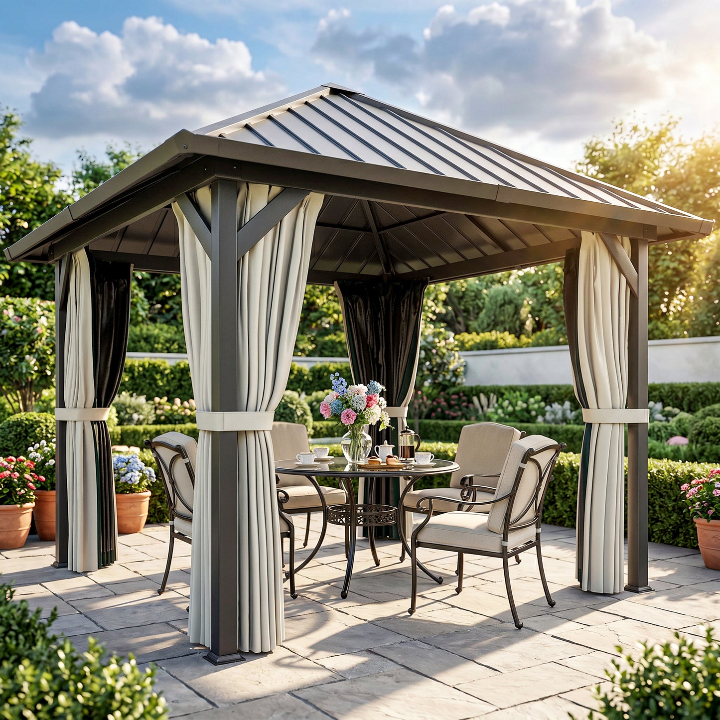 3 x 3(m) Hardtop Gazebo with Galvanised Steel Roof and Water Gutter, Waterproof Permanent Pavilion Garden Gazebo