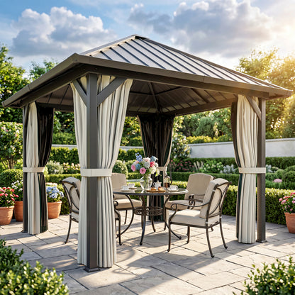 3 x 3(m) Hardtop Gazebo with Galvanised Steel Roof and Water Gutter, Waterproof Permanent Pavilion Garden Gazebo