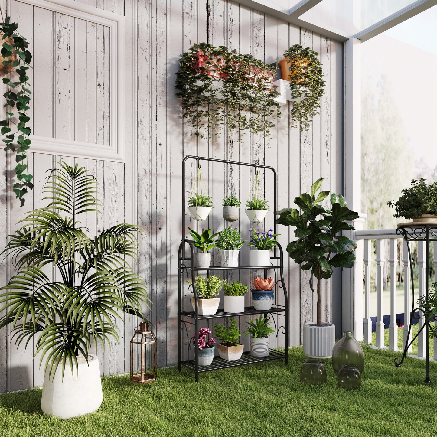 3 Tier Plant Stand with Hanging Rod and Hooks, Metal Plant Rack Shelf