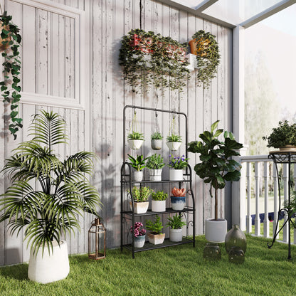 3 Tier Plant Stand with Hanging Rod and Hooks, Metal Plant Rack Shelf