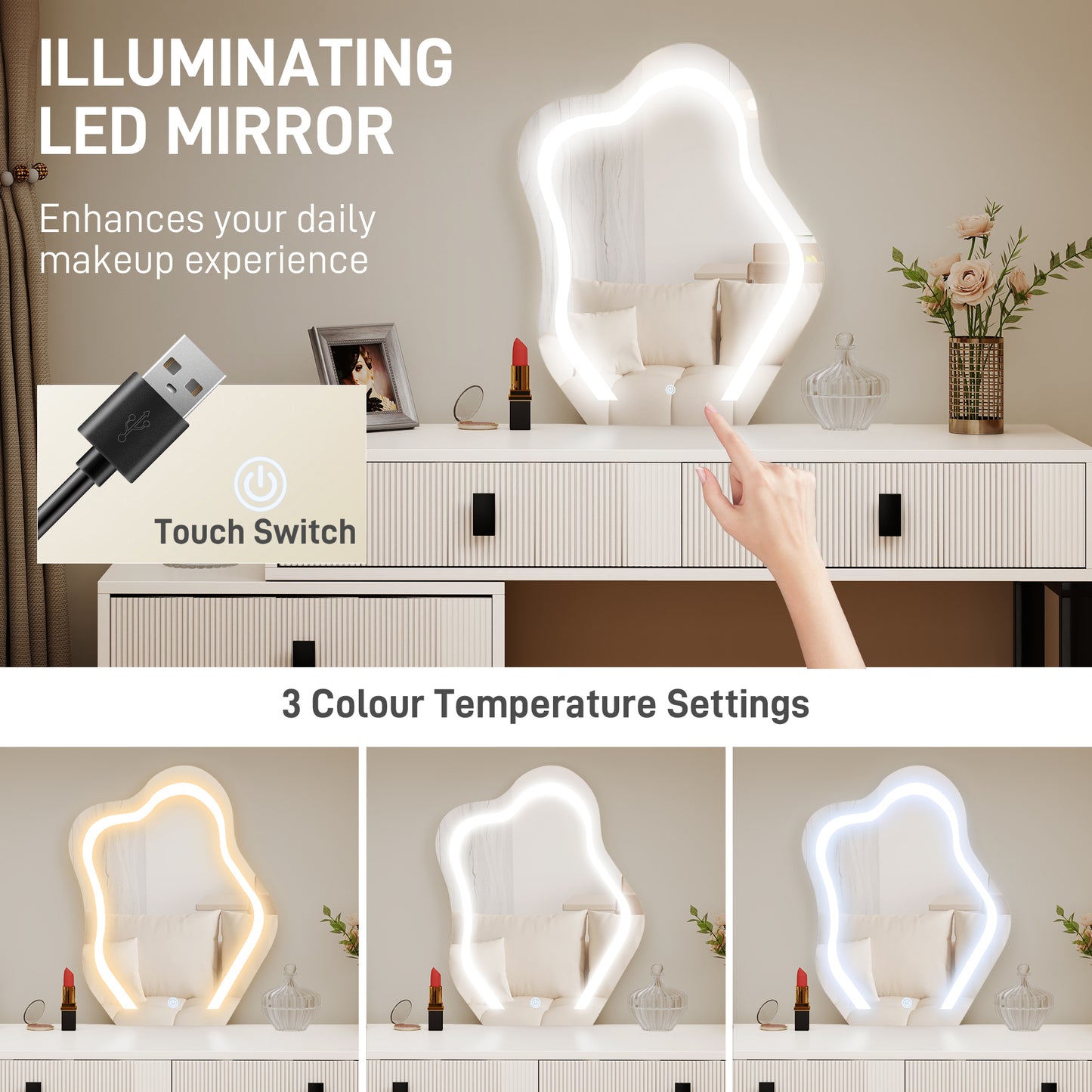 Dressing Table, Vanity Desk with Leaf Shape Mirror, Makeup Table with 5 Drawers, 3-Colour LED Lights, 100x40cm Tabletop