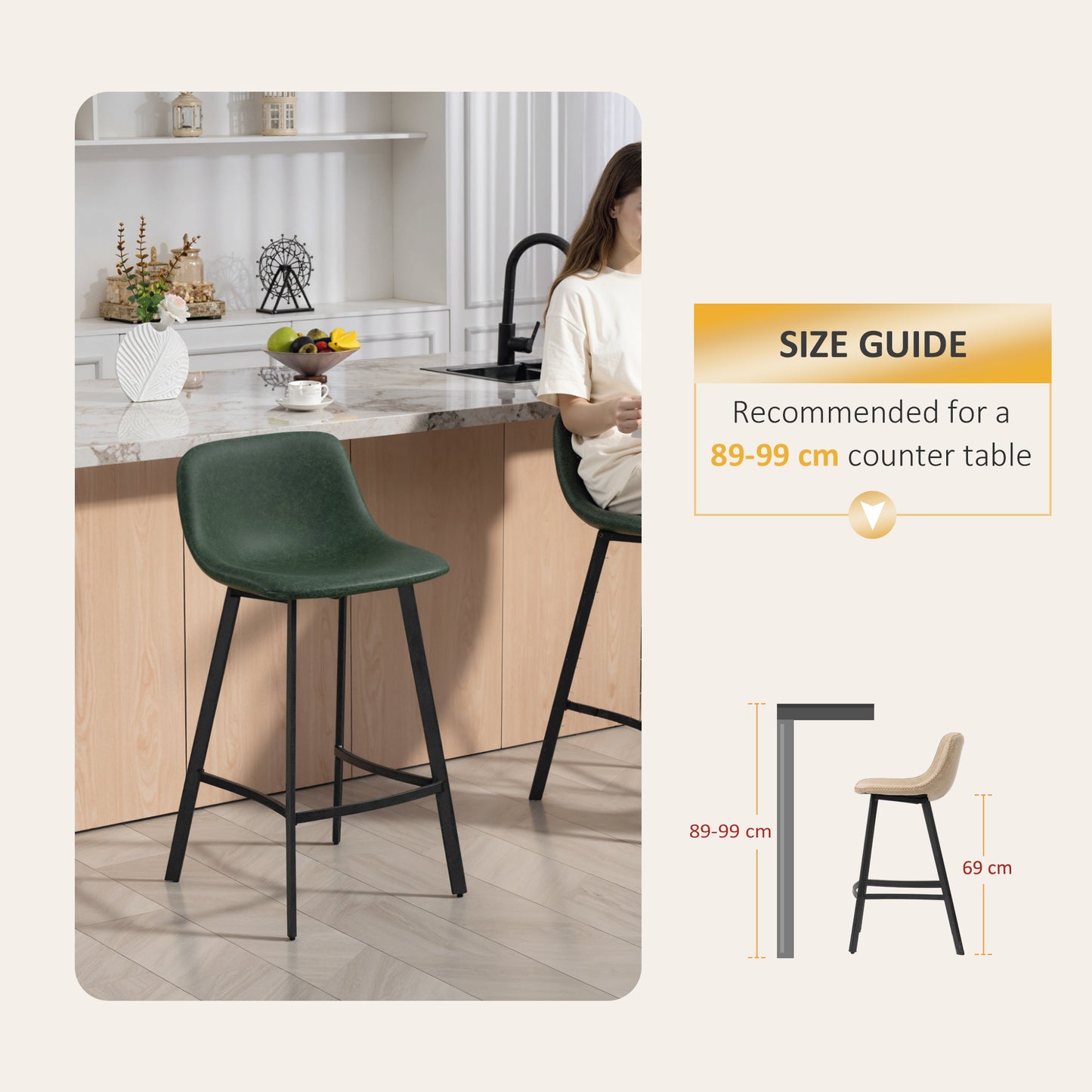 Bar Stools Set of 2, PU Leather Dining Stools with Backrest, Footrest, for Kitchen, Counter, Breakfast Bar, Green
