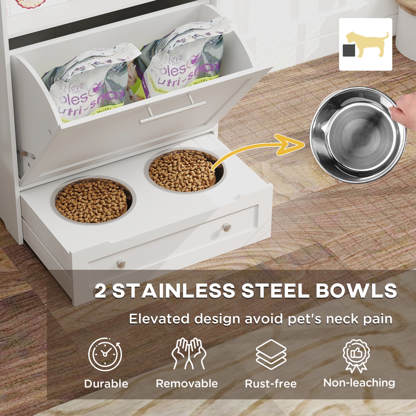 Pet Feeder Station, Dog, Cat Storage Container, with Raised Bowls, Hanger, Cabinet - White
