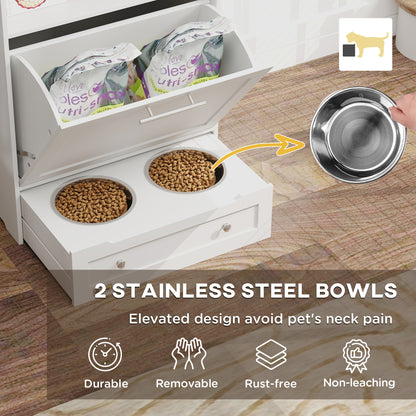 Pet Feeder Station, Dog, Cat Storage Container, with Raised Bowls, Hanger, Cabinet - White