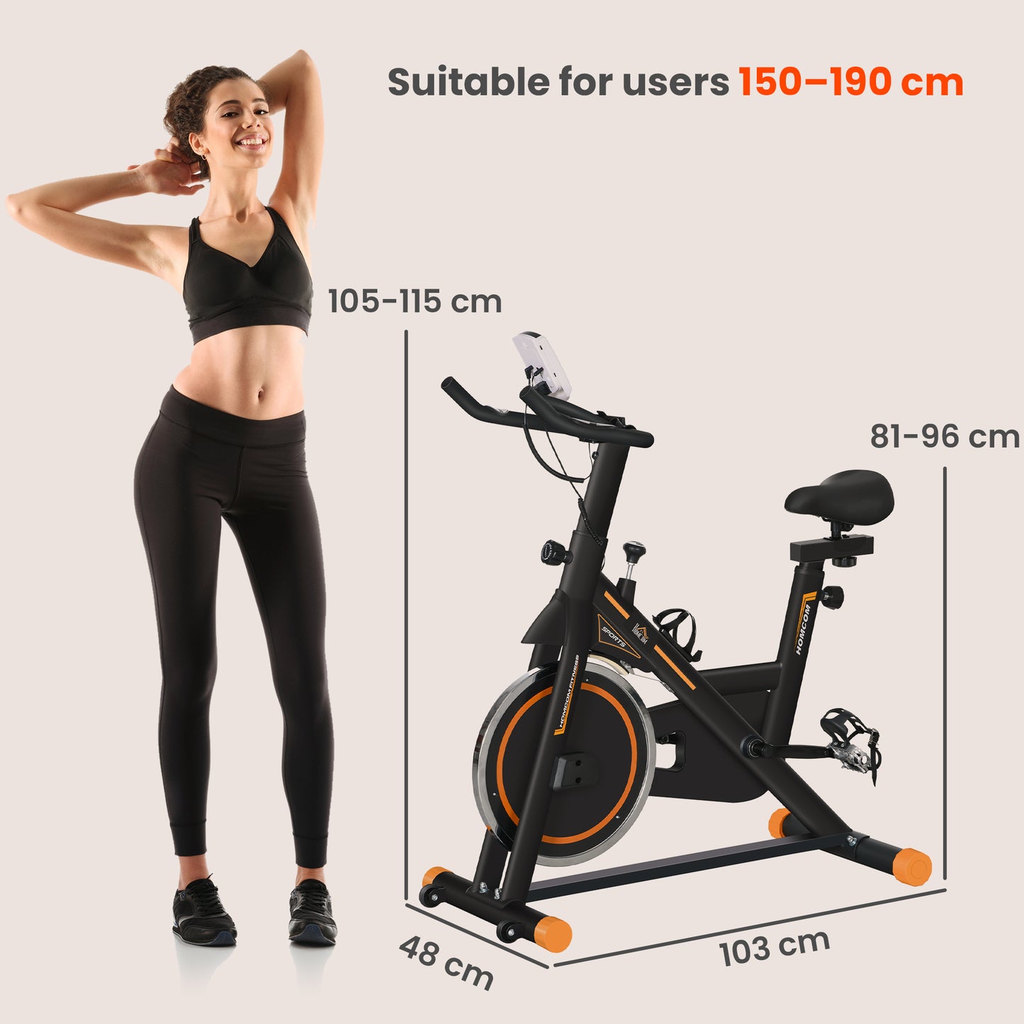 Exercise Bike, Indoor Cycling, with LCD Display, Heart Rate, Sensor - Black and Orange