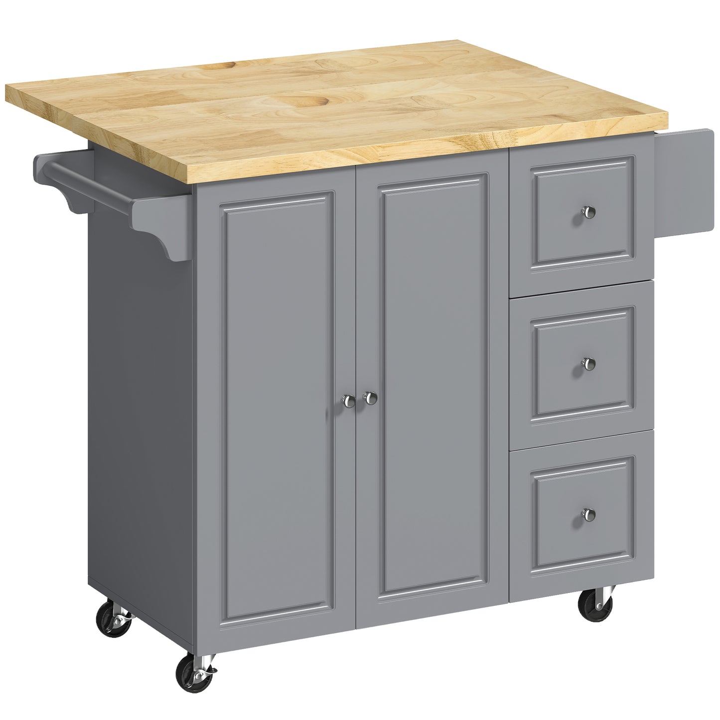Kitchen Island on Wheels, Rolling Kitchen Storage Trolley with Drop Leaf, Drawers, Towel and Spice Rack, Grey