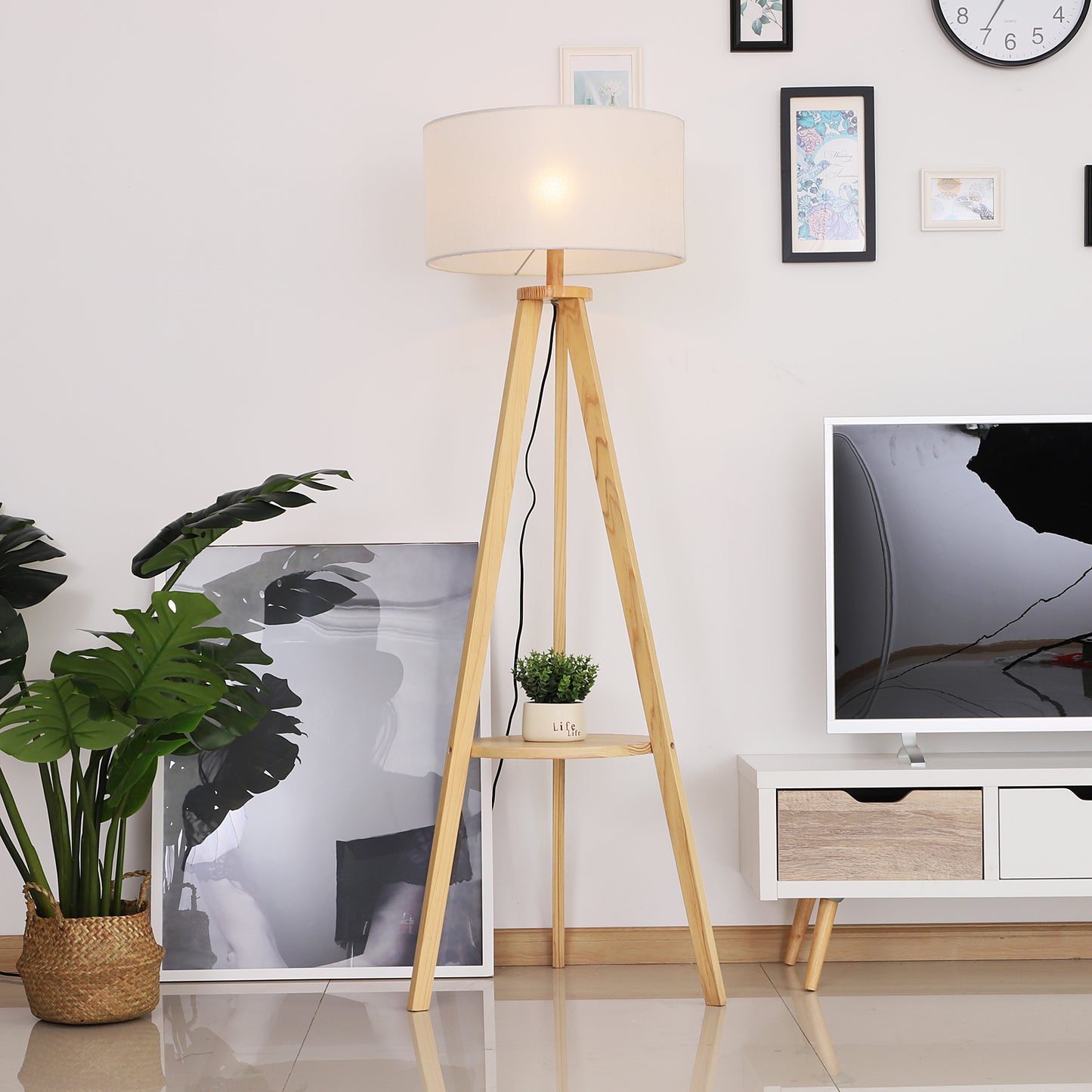 Tripod Floor Lamp, Freestanding Bedside Light Reading Light with Storage Shelf and Linen Shade for Living Room Bedroom