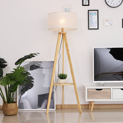 Tripod Floor Lamp, Freestanding Bedside Light Reading Light with Storage Shelf and Linen Shade for Living Room Bedroom