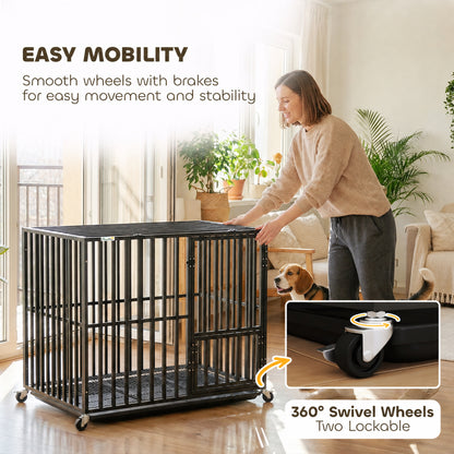 Heavy Duty Dog Crate, Dog Cage with Wheels for Small Medium Breeds, Metal Pet Kennel with Removable Tray