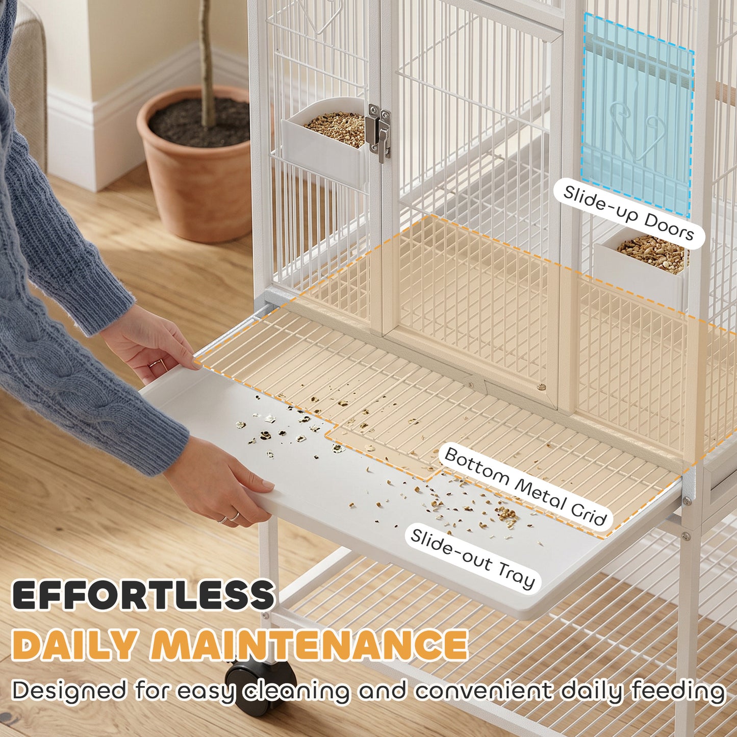 Bird Cage Detachable with Rolling Stand Parrot Cage with Storage Shelf White