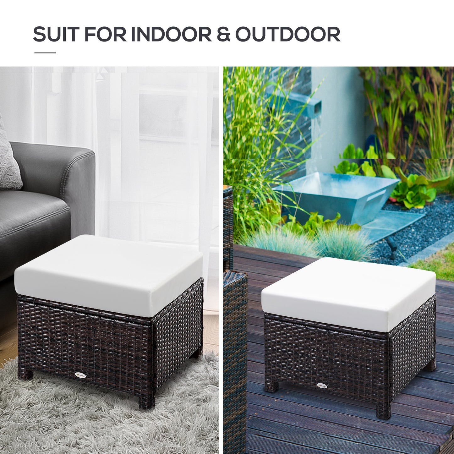 Rattan Footstool Wicker Ottoman with Padded Seat Cushion Outdoor Patio Furniture for Garden Poolside Living Room