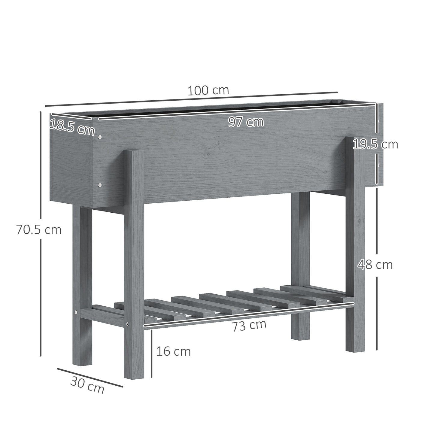 Wooden Two-Tier Raised Planter, Two Drainage Holes, 35L - Grey