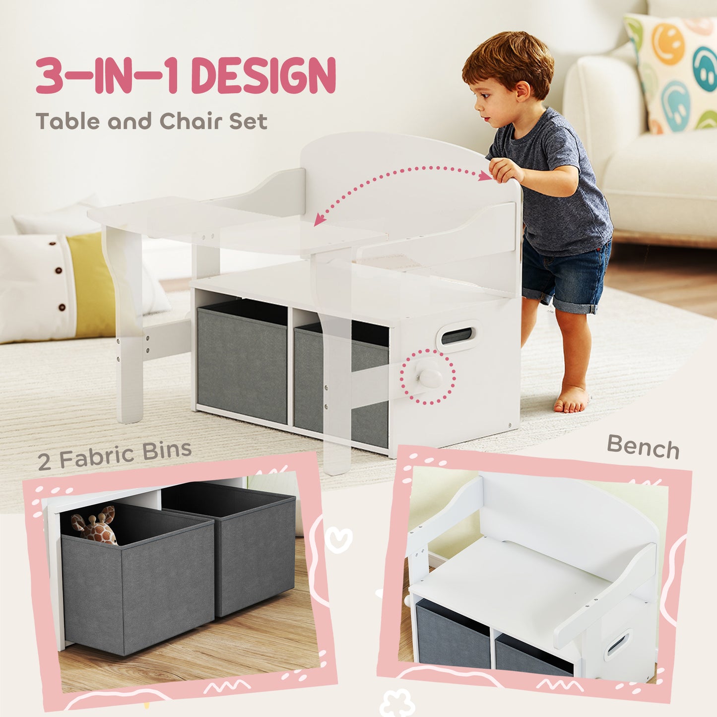 3 in 1 Kids Storage Bench, Convertible Children Table and Chair Set with 2 Fabric Bins, Toy Storage Box, White