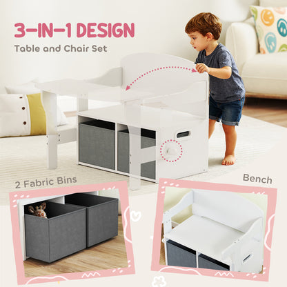3 in 1 Kids Storage Bench, Convertible Children Table and Chair Set with 2 Fabric Bins, Toy Storage Box, White