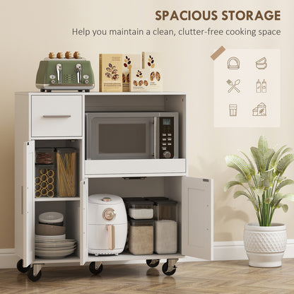 Rolling Kitchen Cart, Microwave Cabinet with Sliding Tray, Drawer, 3-Door Cupboards, Adjustable Shelf, White