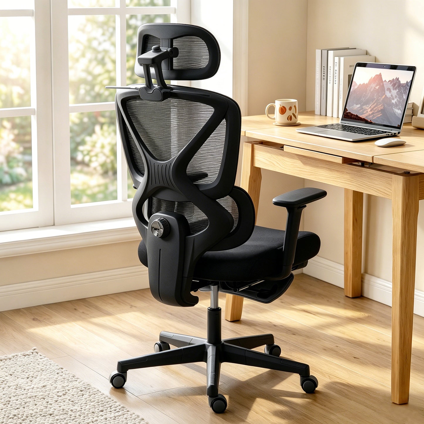 Mesh Desk Chair with 3D Armrests, Ergonomic Office Chair with Rotatable Headrest, Black