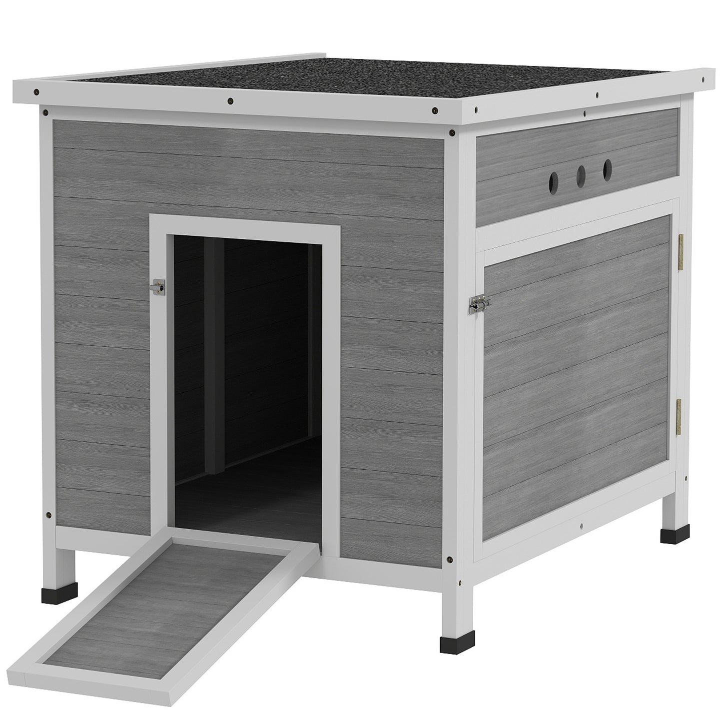 Wooden Duck House with Ramp, Double Doors, Openable Asphalt Roof, Ventilation Holes, Removable Base, Light Grey