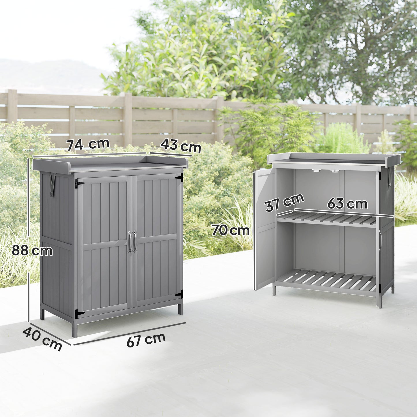 Wooden Garden Shed, Garden Tool Storage Shed with Hinged Roof and Shelf, Outdoor Storage Cabinet with Double Doors, Grey