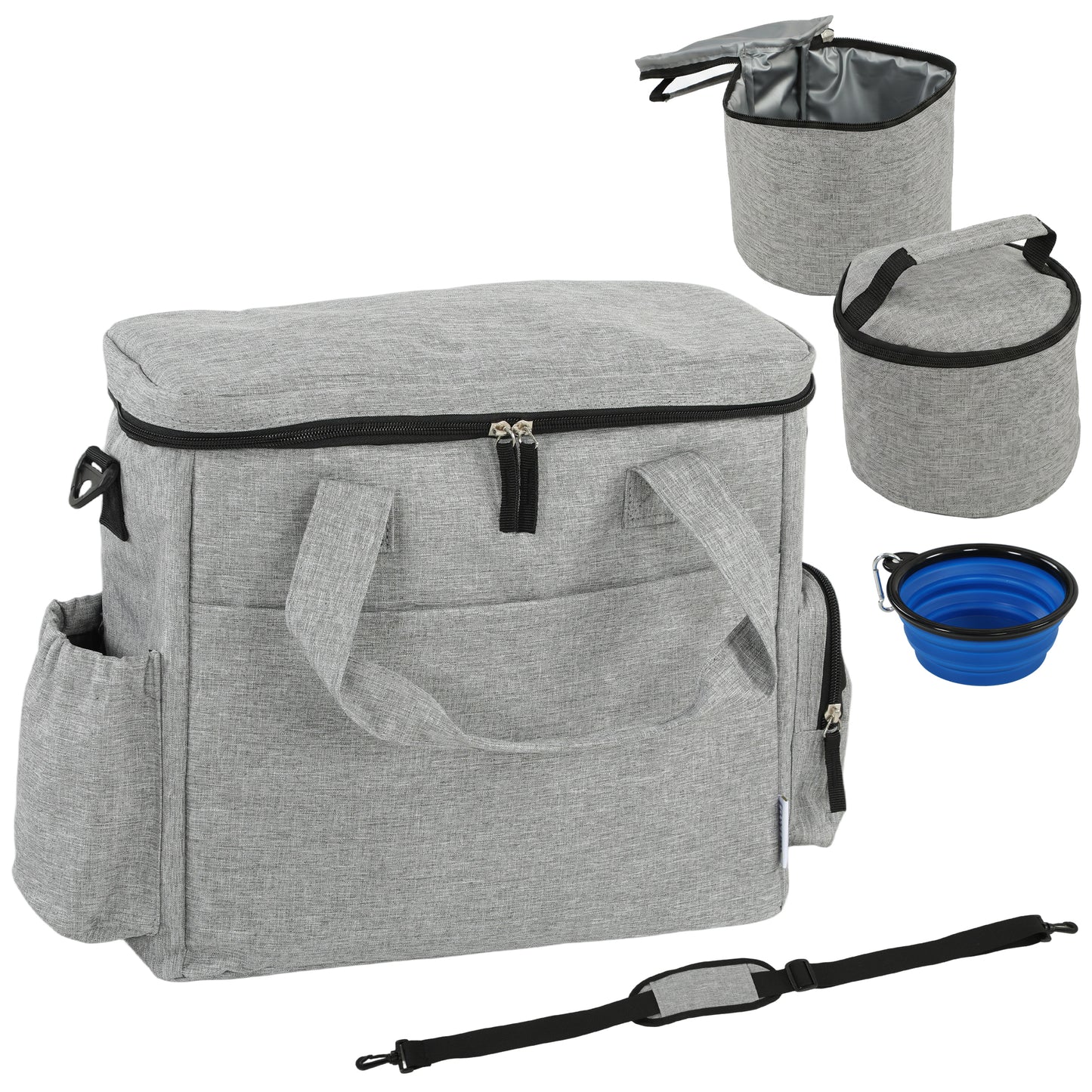 Dog Travel Bag, Waterproof Walking Bag with Multiple Pockets, Two Food Containers and Collapsible Bowl for Cat Puppy