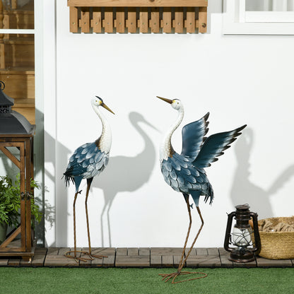 Heron Garden Statues, Standing Garden Ornament, Metal Garden Gift with Stakes, Blue & White