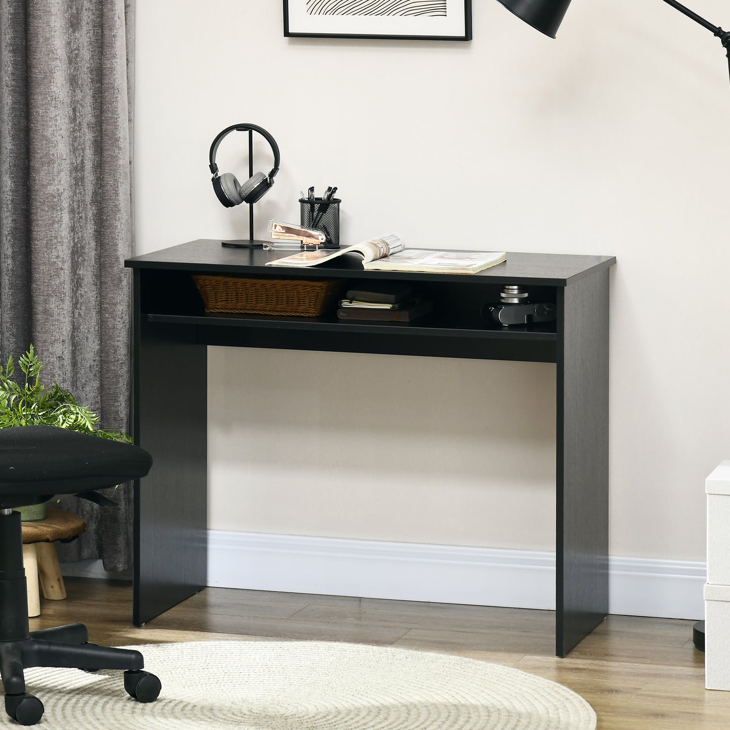 Modern Computer Desk, Home Office Table, Small Writing Desk with Storage Shelf, 90 x 50cm, Black Wood Grain