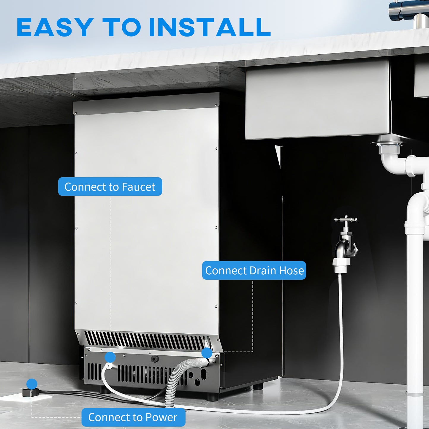 Commercial Ice Maker Machine, Freestanding Stainless Steel Ice Machine with Self-Cleaning, LCD Display