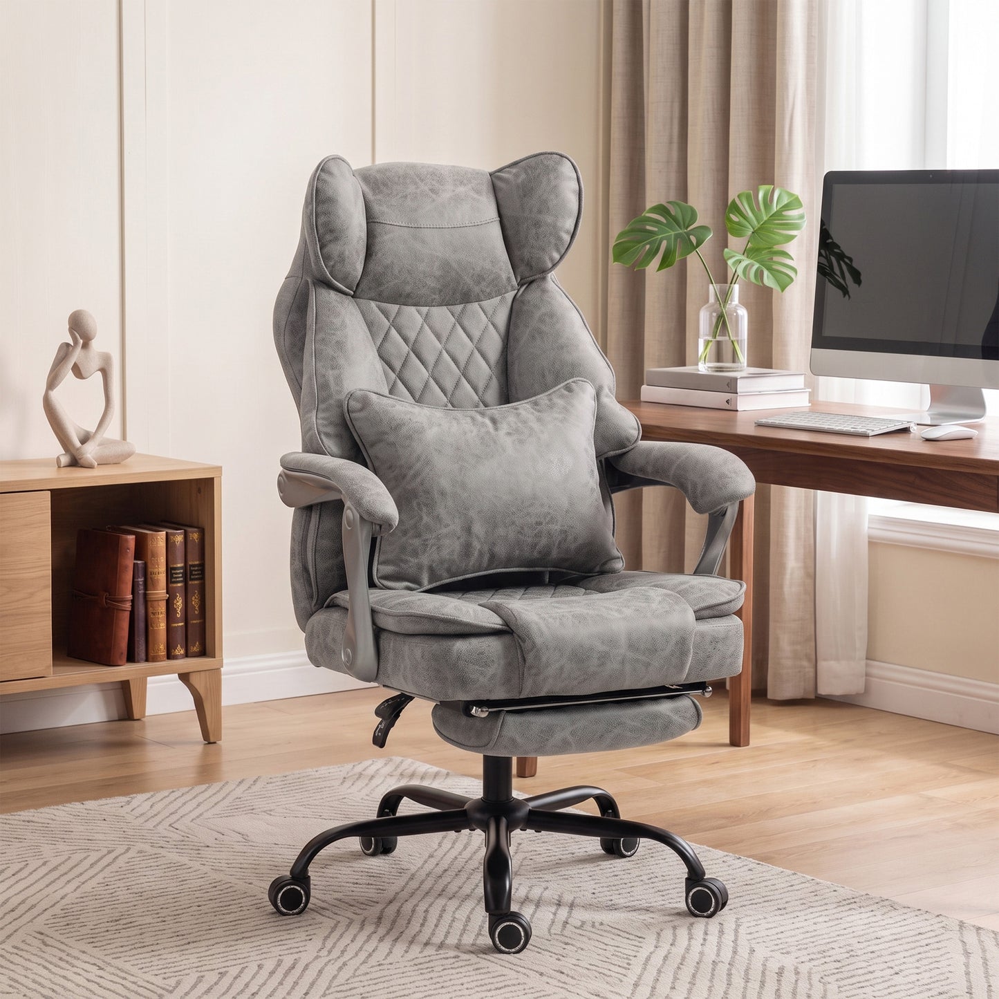 Executive Office Chair, Leathaire Big and Tall Office Chair 180 kg with Wide Seat, Reclining, Lumbar Support, Grey