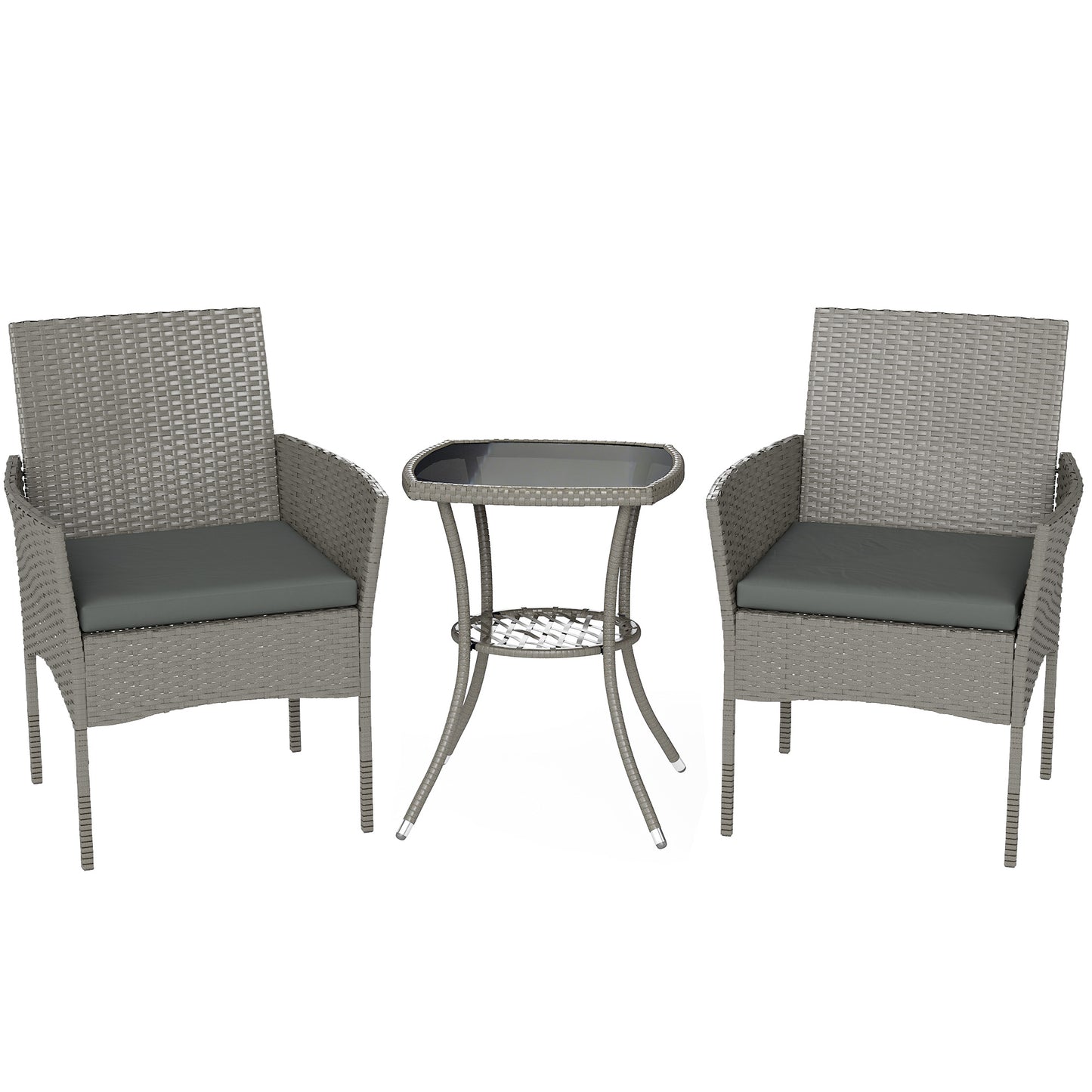 3 Piece Rattan Bistro Set, PE Wicker Garden Furniture Conversation Set with 2 Tier Glass-Top Table, Chairs, Dark Grey