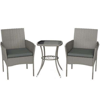 3 Piece Rattan Bistro Set, PE Wicker Garden Furniture Conversation Set with 2 Tier Glass-Top Table, Chairs, Dark Grey