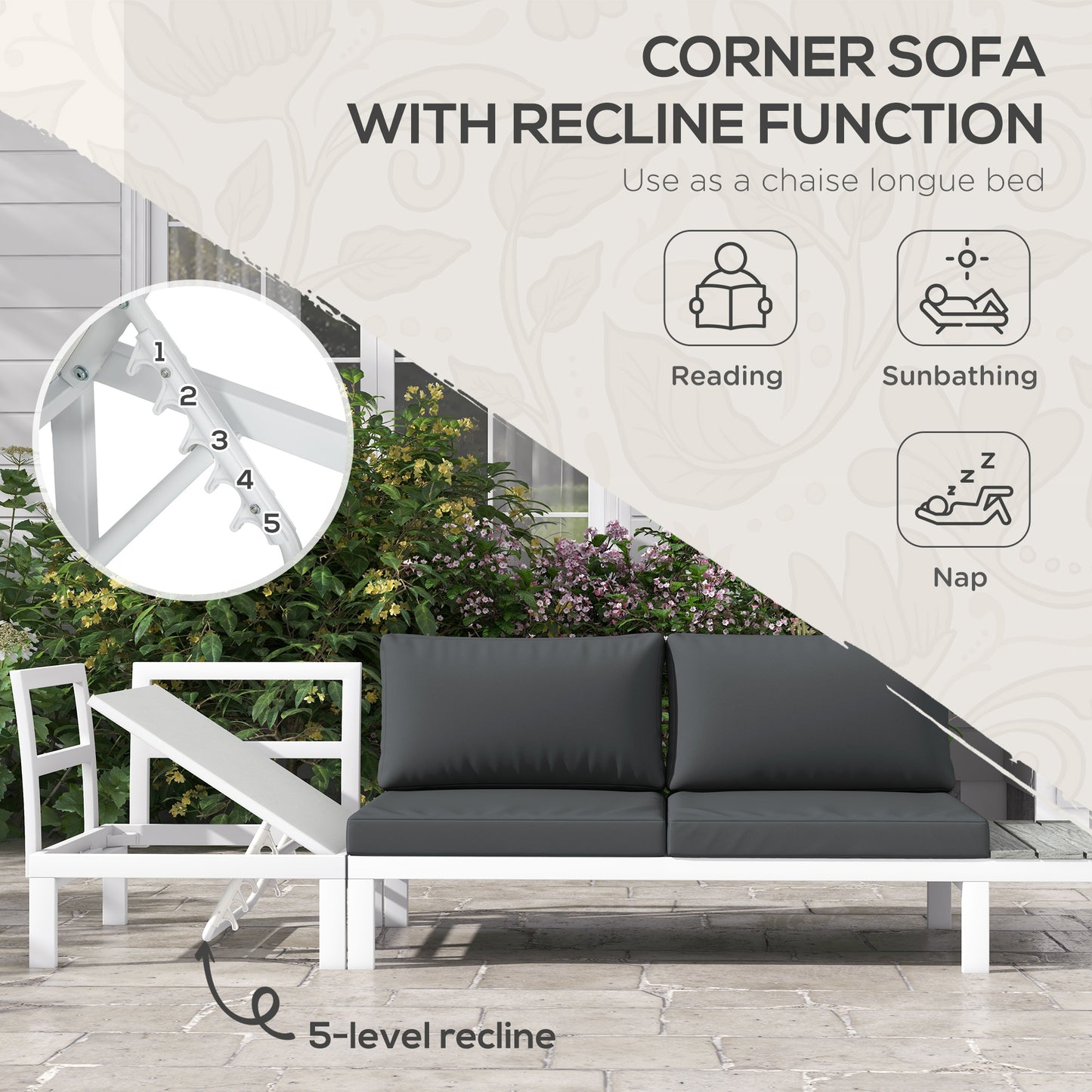 4 Pieces Garden Furniture Set, 5-Level Reclining Garden Corner Sofa Set, Outdoor Lounge Conversation Sectional with Cushions