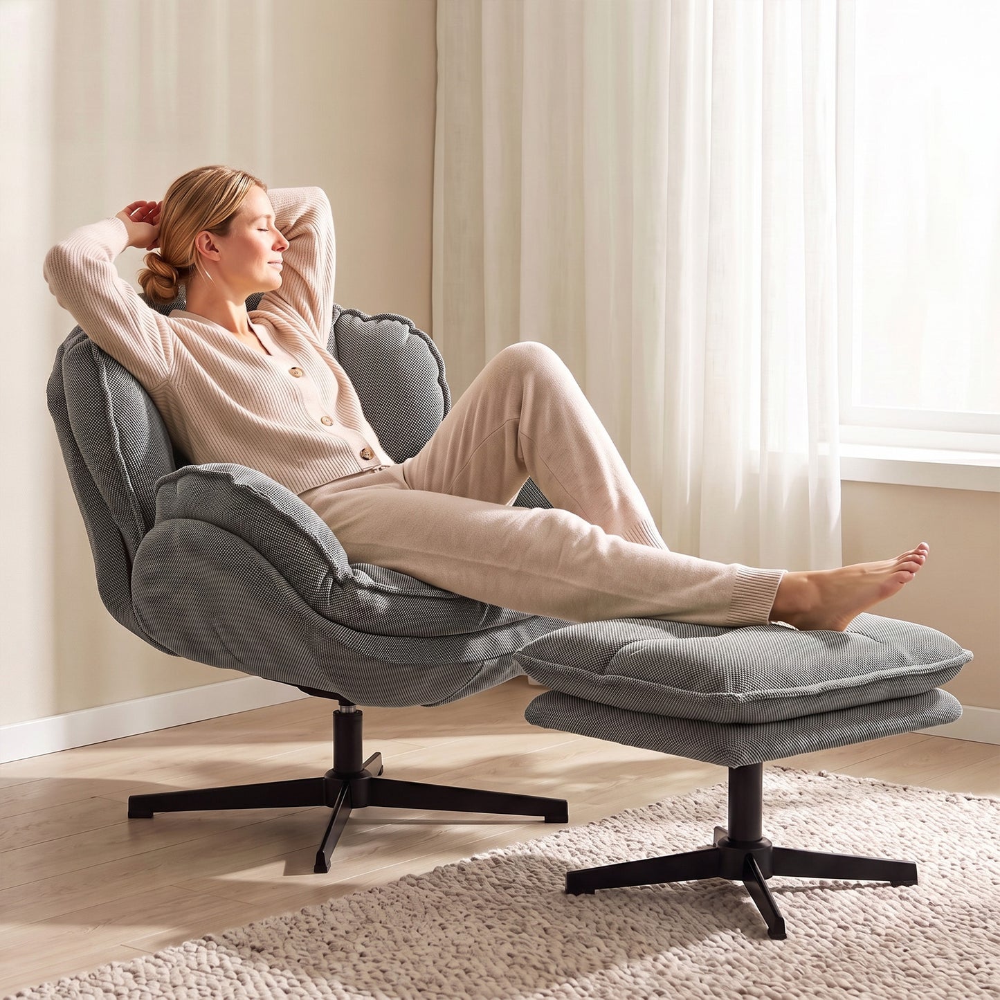 Armchair with Adjustable Footstool, 360° Swivel Chenille Cloud Accent Chair with Thick Cushion, Steel Base, Grey