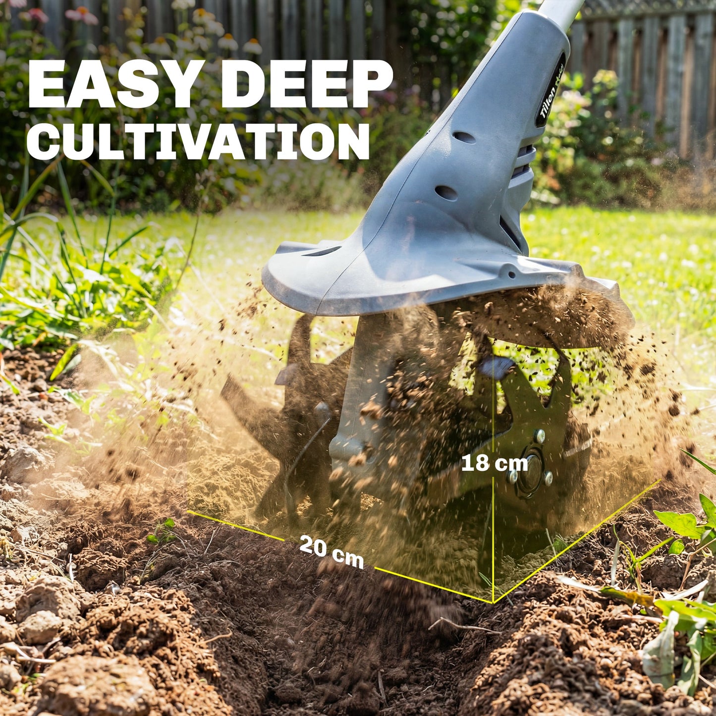 Cordless Tiller, 18V Electric Garden Rotavator with 2 x 4000mAh Batteries, Charger, 20cm Tilling Width & 18cm Depth
