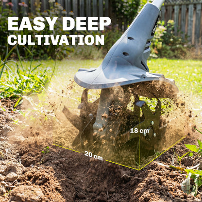 Cordless Tiller, 18V Electric Garden Rotavator with 2 x 4000mAh Batteries, Charger, 20cm Tilling Width & 18cm Depth