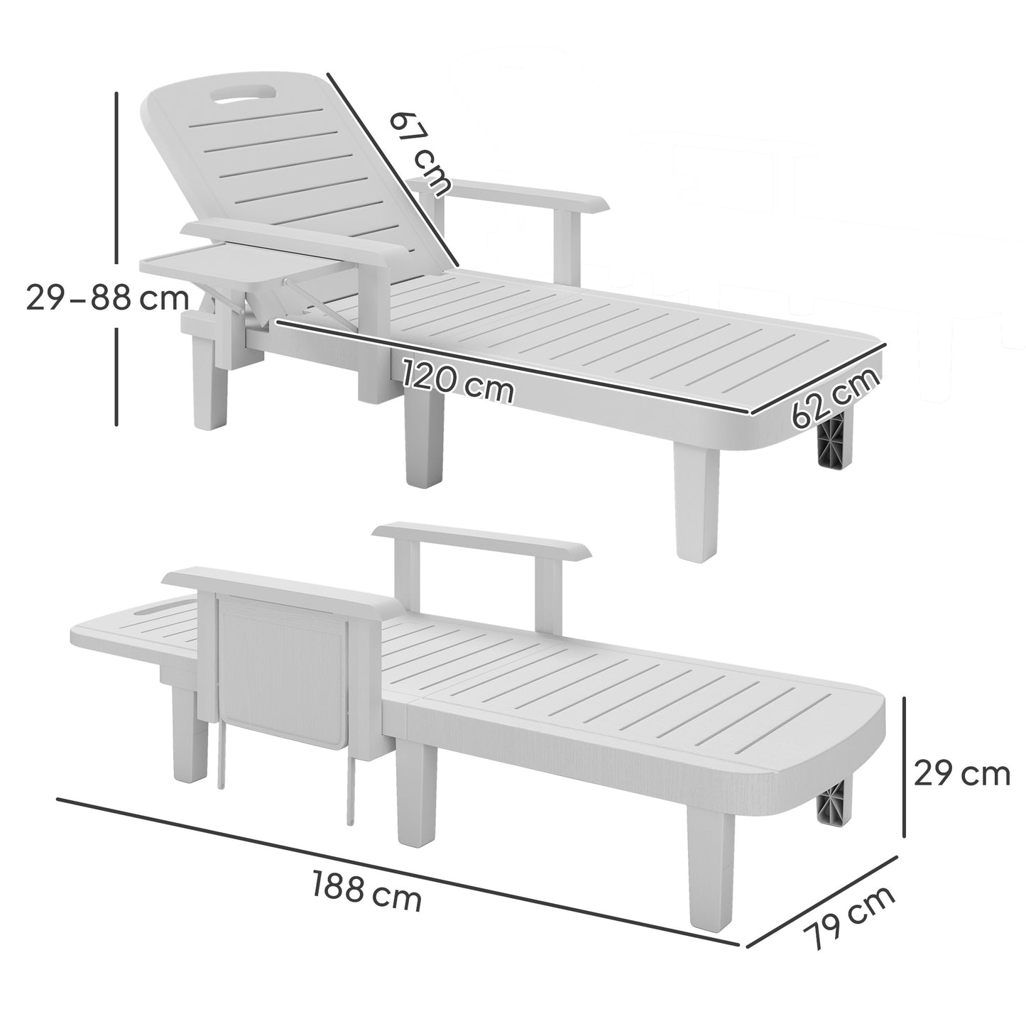 Set of 2 Reclining Sun Loungers, 5 Positions Adjustable Outdoor Chaise Lounge Chair with Armrests, White