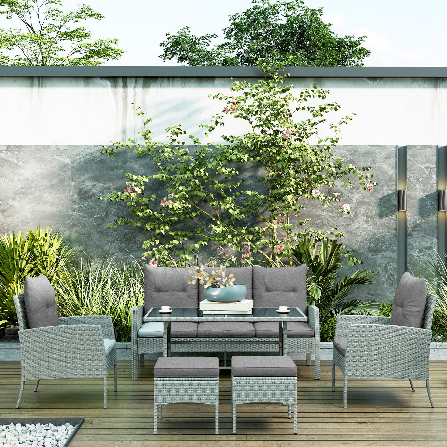 7 Seater Rattan Garden Furniture Set, 6 Piece Patio Dining Set, Armchairs, 3-Seater Sofa, Footstools, Glass Dining Table