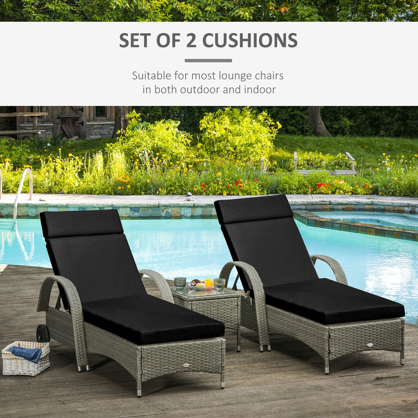 Set of 2 Sun Lounger Cushions, Replacement Cushions for Rattan Furniture with Ties, 196 x 55 cm, Cushion ONLY, Black