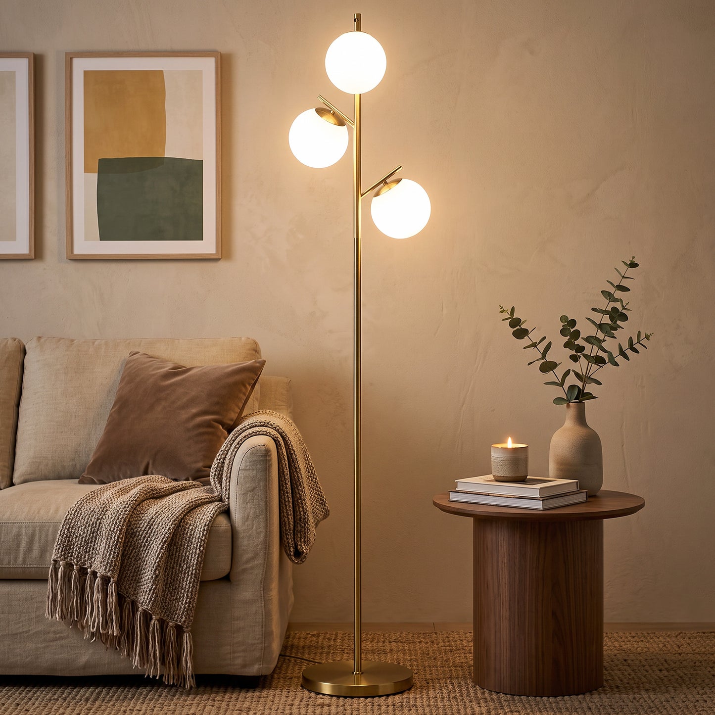 3-Light Tree Floor Lamps for Living Room, Modern Standing Lamp for Bedroom with Globe Lampshade, Steel Base