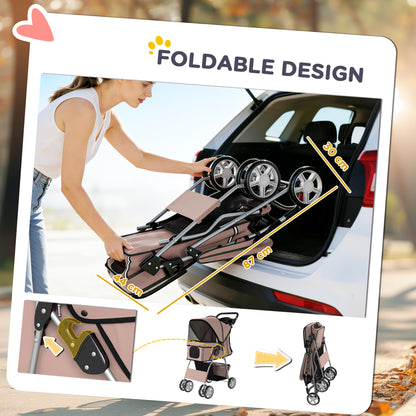 Dog Pram, Pet Stroller with Reflective Strips, Foldable Cat Stroller with 360° Swivel Wheels, Brown