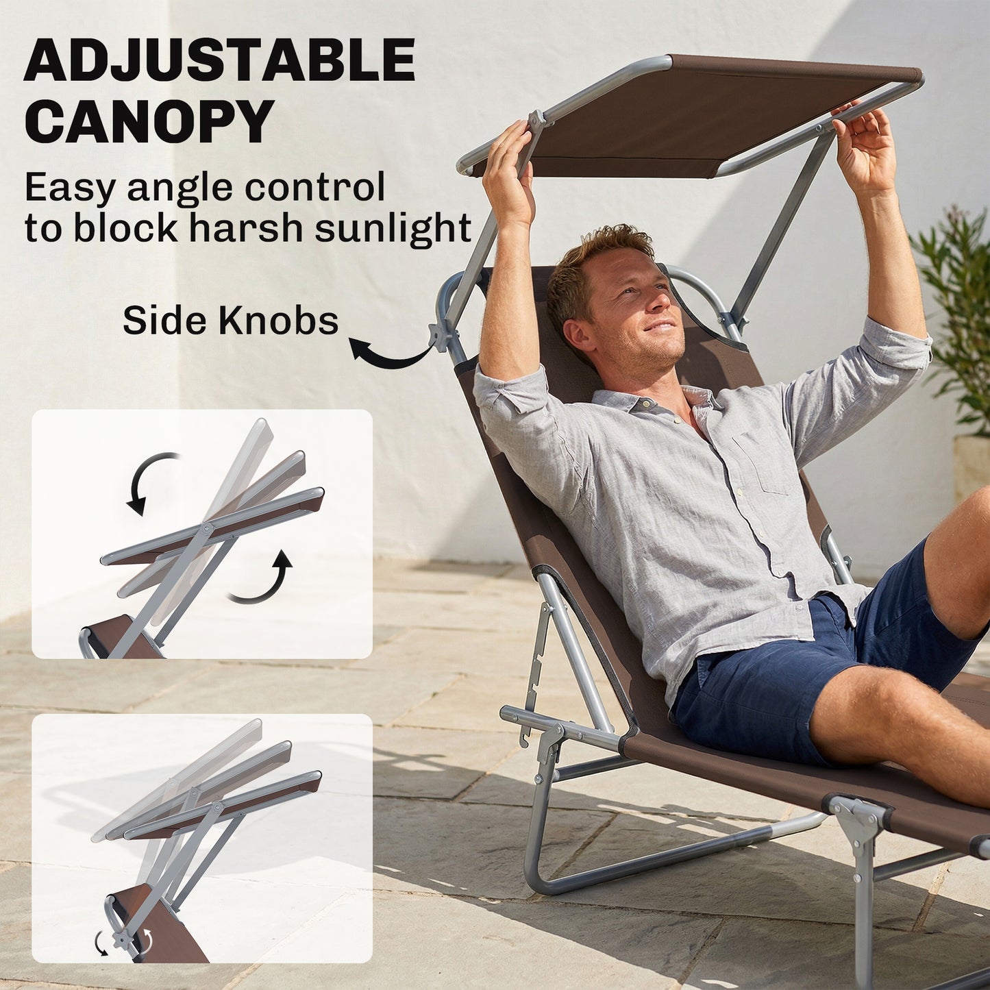 Folding Sun Lounger with Canopy, Reclining Sunbed with 4-Position Adjustable Backrest, 600D Oxford Cloth