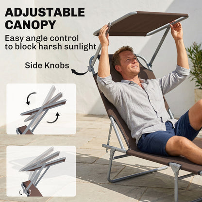 Folding Sun Lounger with Canopy, Reclining Sunbed with 4-Position Adjustable Backrest, 600D Oxford Cloth