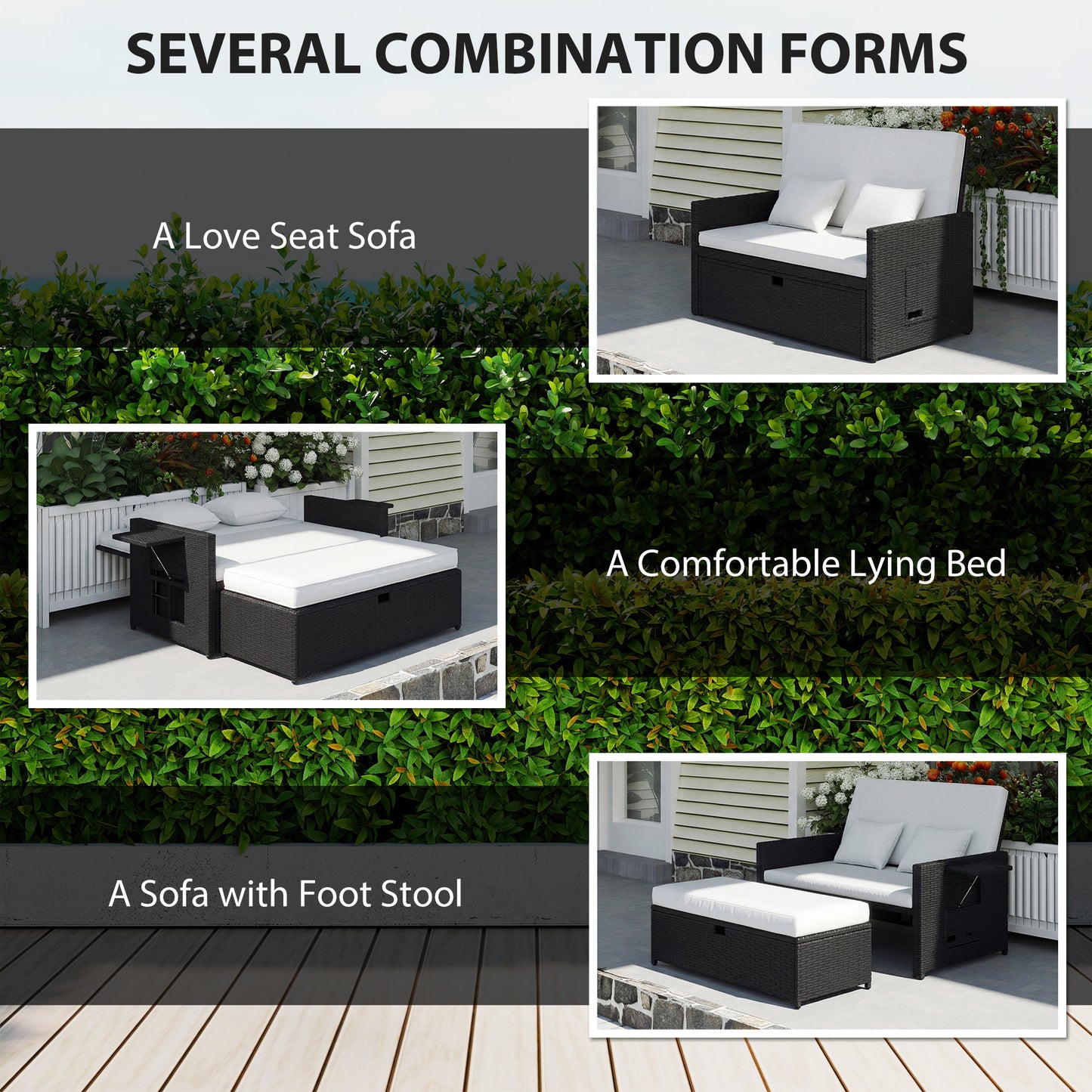 Rattan Garden Daybed, Double Sun Lounger with 5-Level Adjustable Back, Storage Ottoman, Cream White
