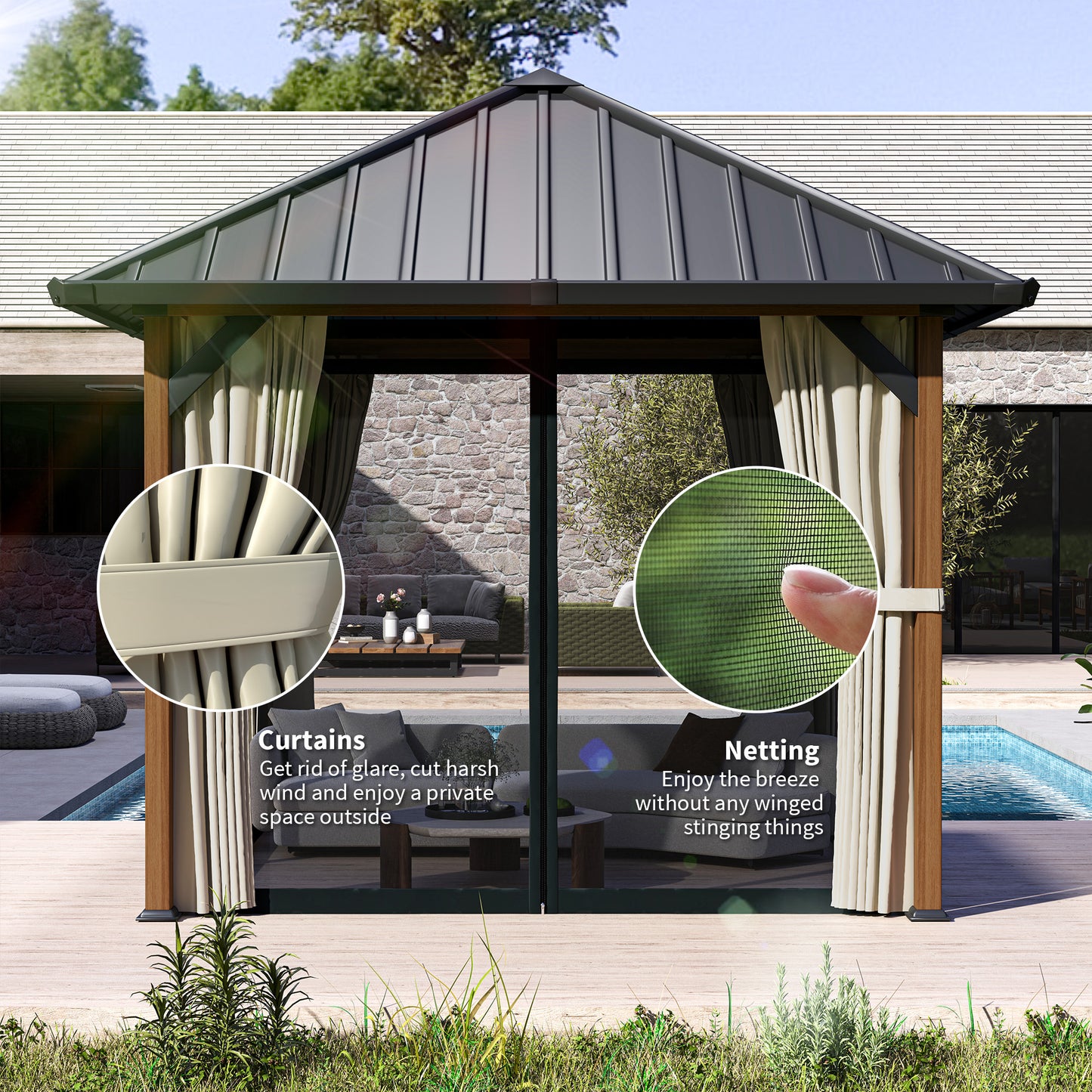 3 x 3(m) Hardtop Gazebo with Galvanised Steel Roof and Water Gutter, Waterproof Permanent Pavilion Garden Gazebo
