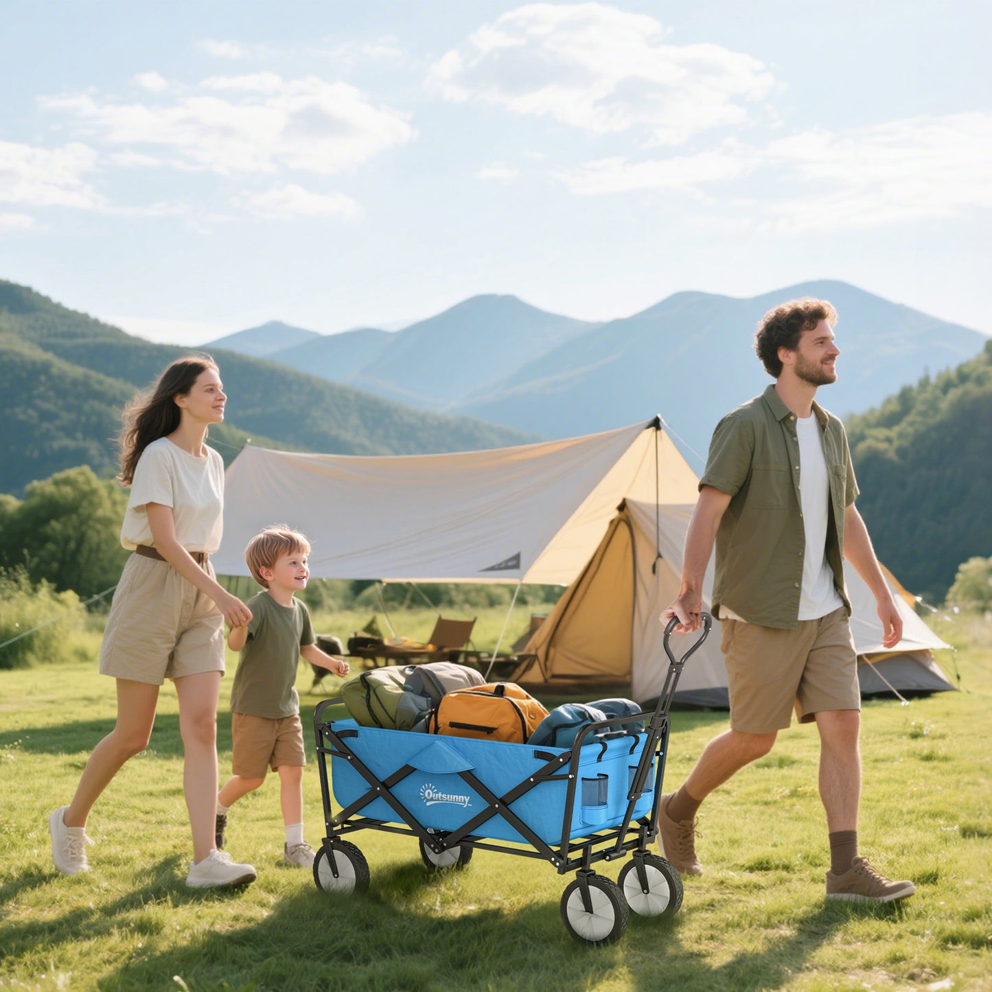 135L Festival Trolley on Wheels, Folding Wagon Camping Trolley Cart with Adjustable Handle, Dual Brakes