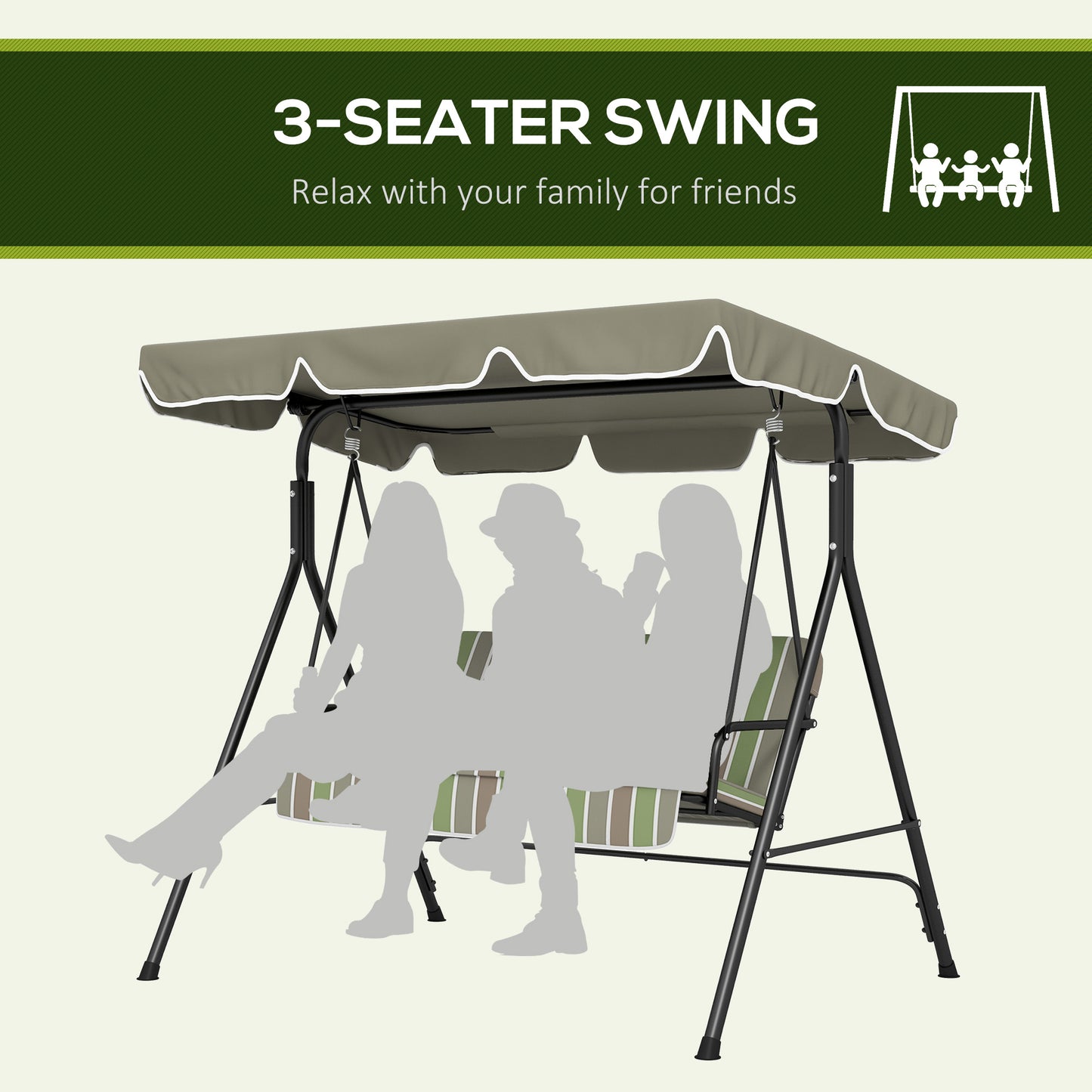Three-Seater Garden Swing Chair, with Adjustable Canopy - Green