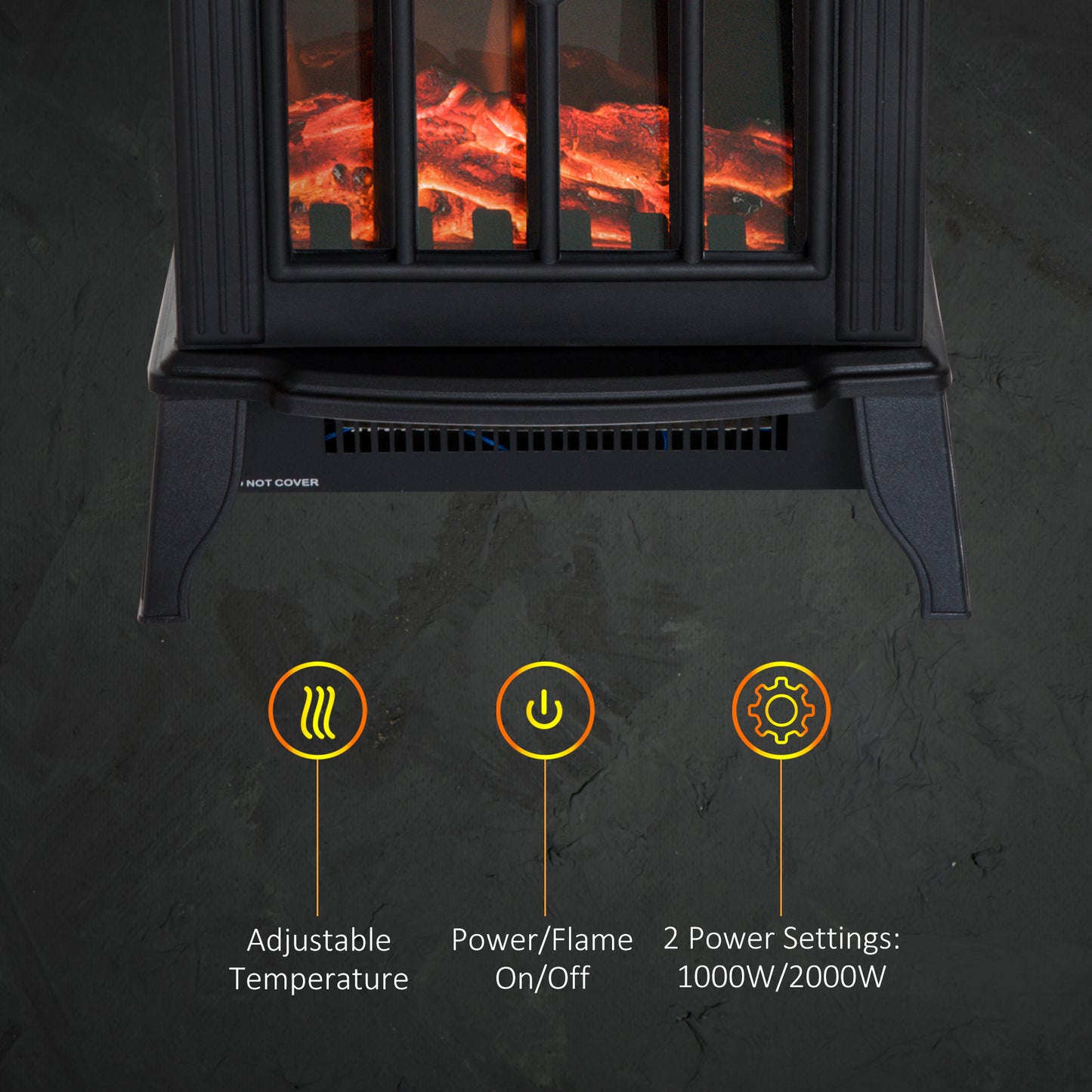 1000W/2000W Freestanding Electrical Fireplace Indoor Heater Stove Log Wood LED Burning Effect Flame with Thermostat Control B