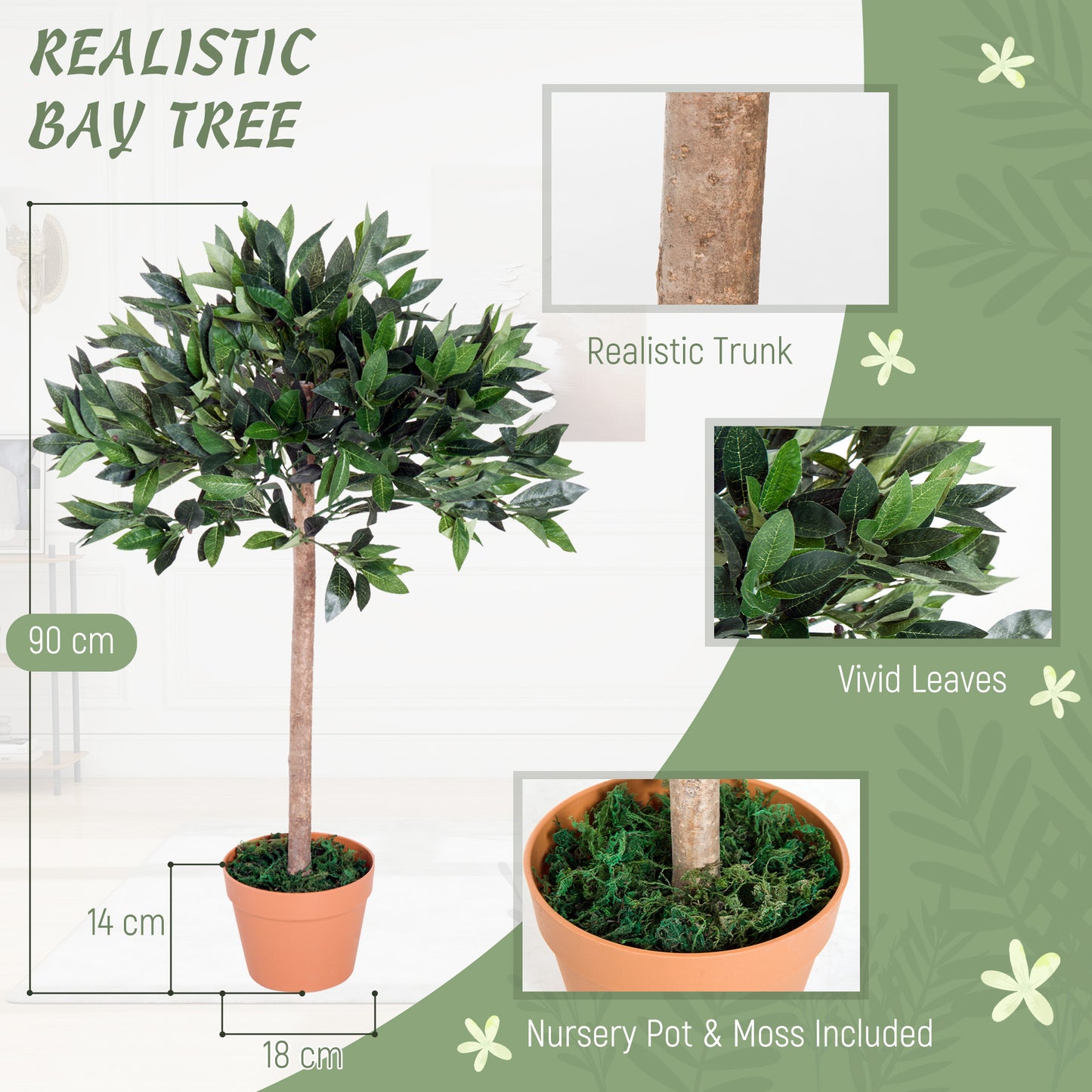 Artificial Bay Tree In Pot, 3ft Tall Indoor Outdoor Garden Topiary Ball with Solid Wood Trunk