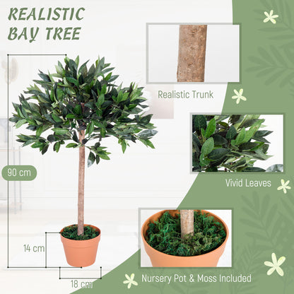 Artificial Bay Tree In Pot, 3ft Tall Indoor Outdoor Garden Topiary Ball with Solid Wood Trunk